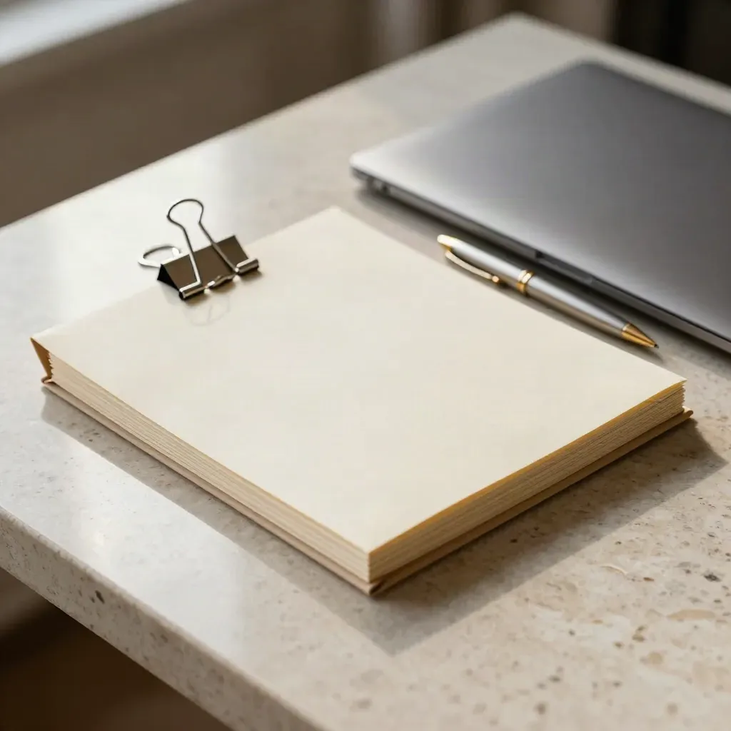 Pouch documenti, clip in acciaio, penna e custodia laptop su travertino.