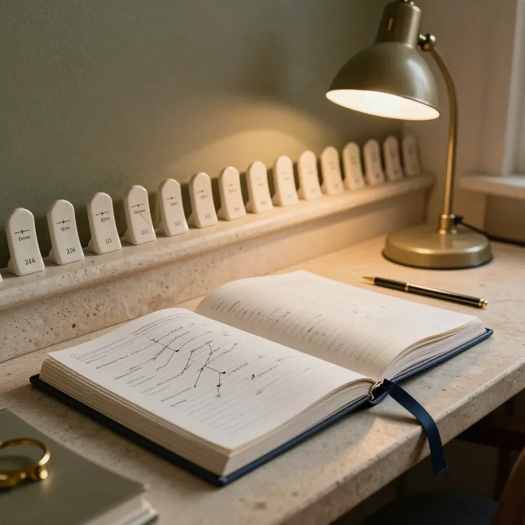 Studio di coaching con bussola dorata, planner chiuso e tacche del percorso su pietra chiara